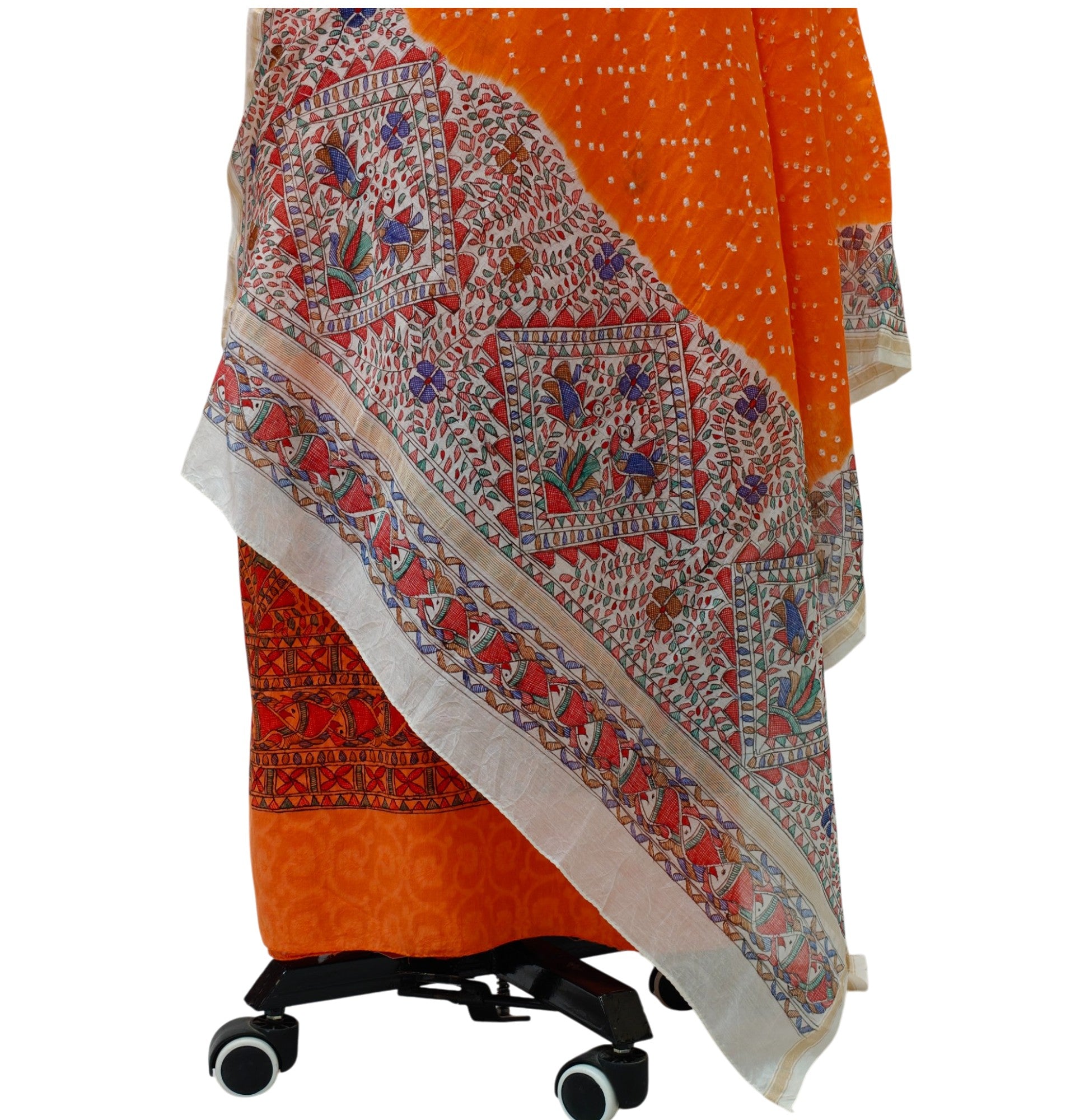 Hand-Painted Unstitched Madhubani Chanderi Suit Set in Orange